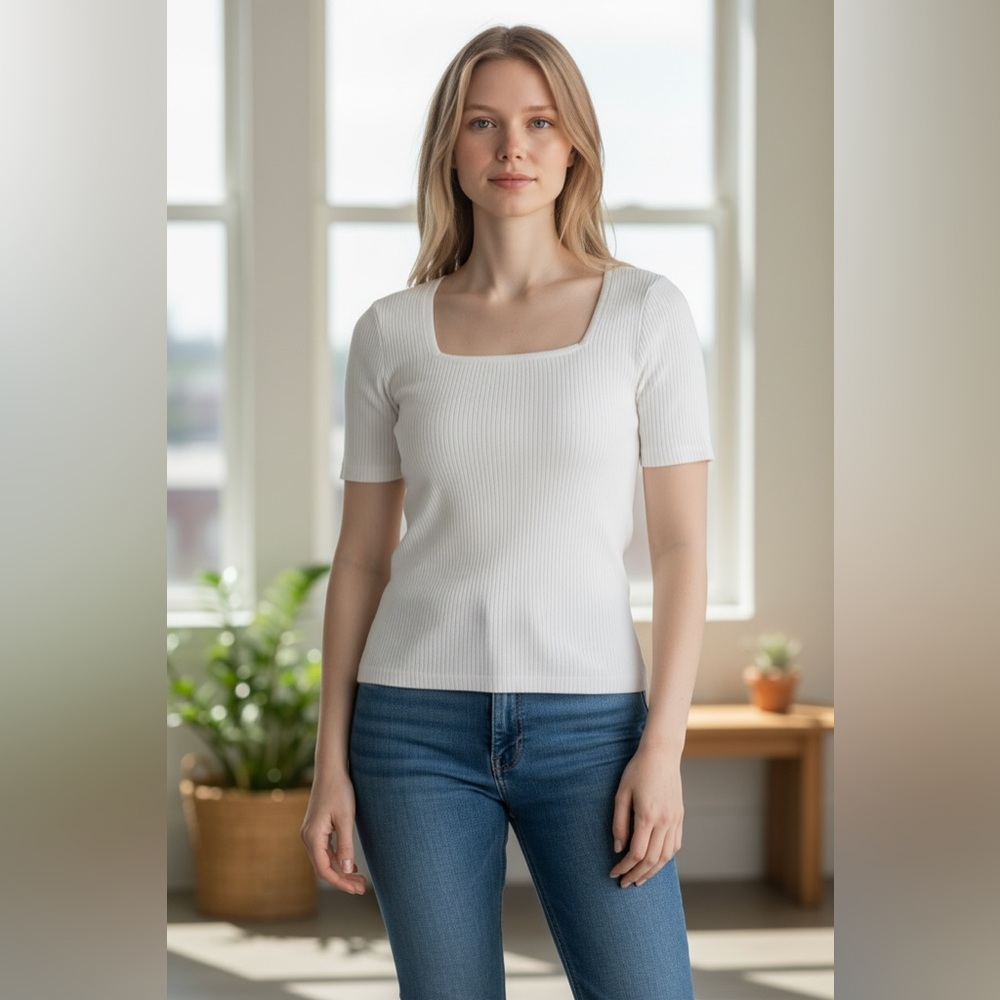 Express White Ribbed Square Neck Short Sleeve Top